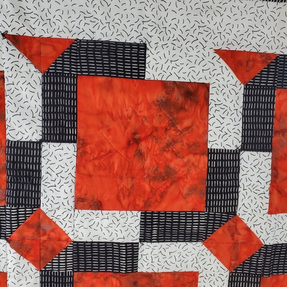 Handmade Geometric Patchwork Quilt Lap Blanket Orange Red Black White Size 45" - Picture 3 of 9